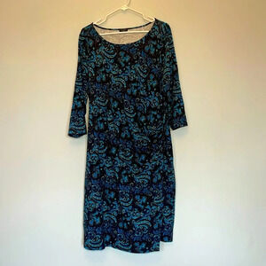 Talbots women’s petite XL stretch midi dress blue paisley print gathered waist